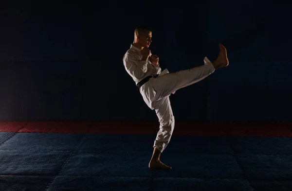 Silhuett Ung Man Som Gör Mae Geri Posera Karate Studio — Stockfoto