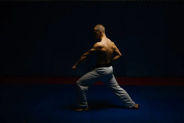 Jóképű Fiatal Karatista Gedan Barai Pózol Karate Stúdióban — Stock Fotó