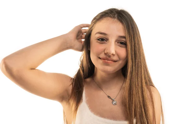 Una Foto Una Linda Adolescente Tocando Cabello Sonriendo Aislada Sobre — Foto de Stock
