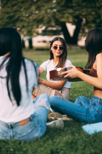 Attraktive Und Schöne Freundinnen Sitzen Gras Und Bereiten Sich Auf — Stockfoto