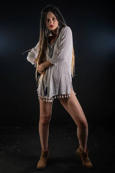 Attractive Female Feminist Waring Tribal Short White Dress Isolated Photo — Stock Photo, Image