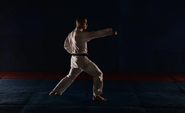 Jóképű Fiatalember Choku Zuki Pózol Karate Stúdióban — Stock Fotó