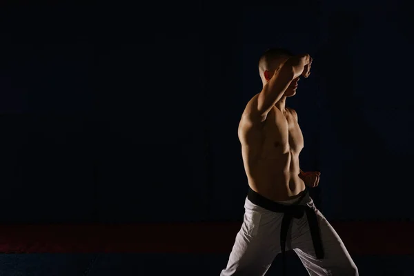 Közelkép Egy Jóképű Fiatalemberről Aki Mawashi Tsuki Csinálja Karate Stúdióban — Stock Fotó