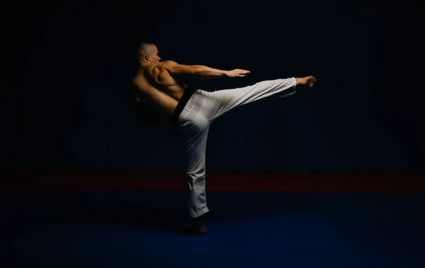 Csinos Tini Fiú Ushiro Geri Pózol Karate Stúdióban — Stock Fotó