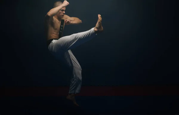Jóképű Karatés Mae Geri Pózol Karate Stúdióban — Stock Fotó