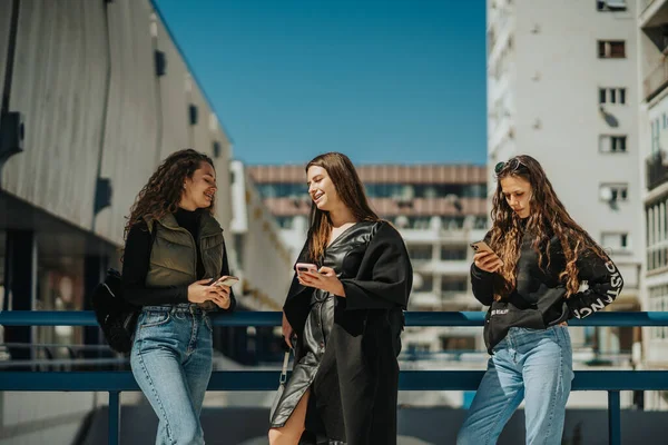 Gorgeous Long Haired Brunette Girl Scrolling Phone While Her Friends — Stock Photo, Image