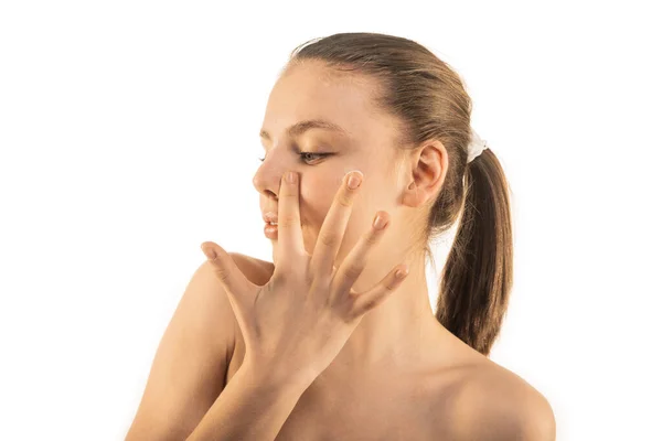Gorgeous Young Girl Looking Aside Putting Aging Cream Her Nose — Stock Photo, Image