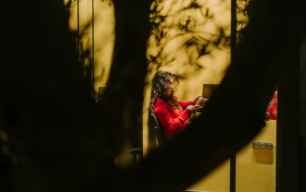 stock image Lovely business girl with curly hair having video call in soundproof phone booth at modern office