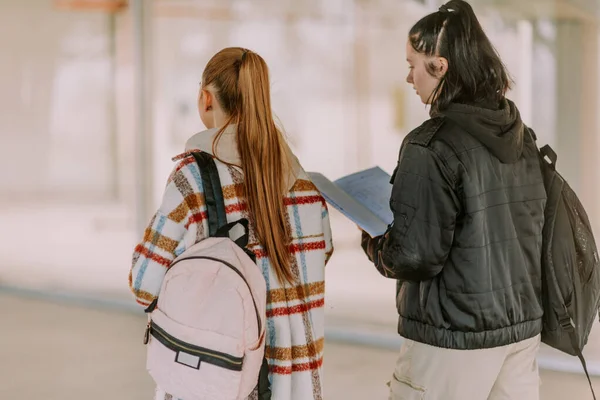 Schoolvakantie Voorbij Twee Meisjes Een Blond Een Brunette Gaan Terug — Stockfoto