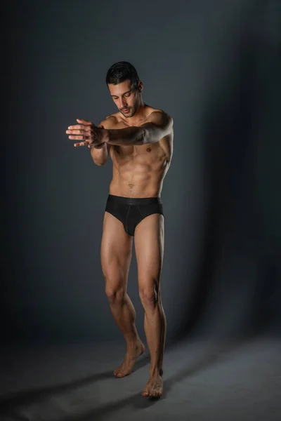 Naked Young Sexy Man Posing Black Underwear Studio — Stock Photo, Image