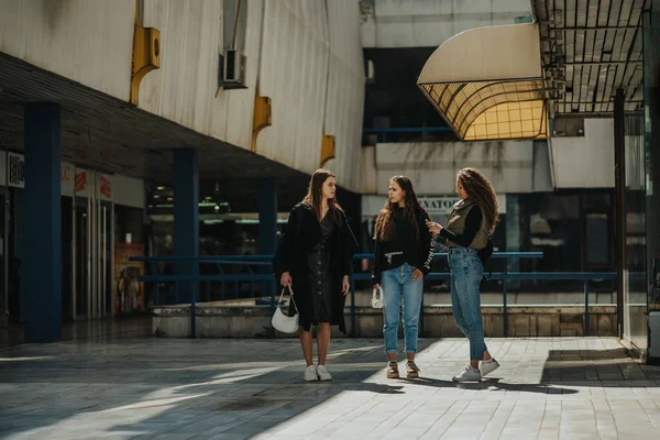 Όμορφα Κορίτσια Στέκονται Στο Εμπορικό Κέντρο Και Έχουν Μια Σοβαρή — Φωτογραφία Αρχείου