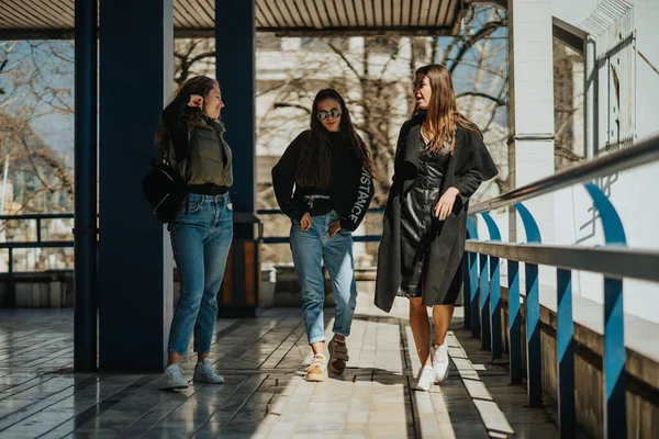 Hermosas Chicas Teniendo Una Conversación Mientras Caminan Centro Comercial —  Fotos de Stock