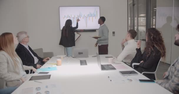 Verkoopmedewerkers Presenteren Resultaten Een Scherm Vergaderzaal Aan Rest Van Teamleden — Stockvideo