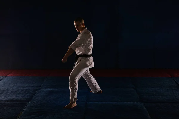 Jonge Knappe Karatist Doet Zenkutsu Dachi Karate Studio — Stockfoto