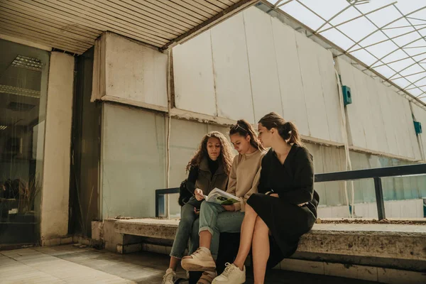 Tres Chicas Atractivas Sentadas Una Pared Leyendo Libro Juntas Vista — Foto de Stock