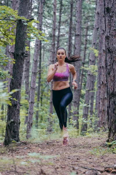 Молода Спортивна Дівчина Біжить Над Лісовою Стежкою — стокове фото