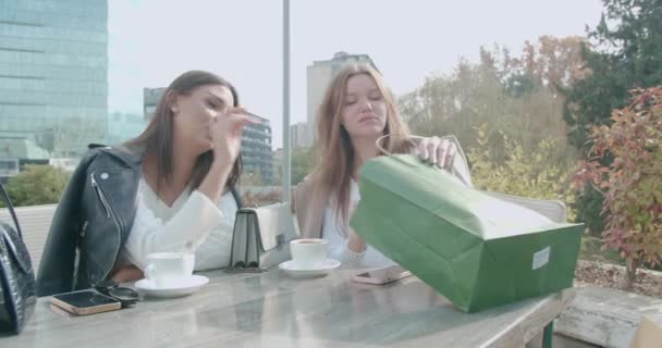 Twee Meisjes Genieten Van Hun Koffie Een Cafe Bar Terras — Stockvideo
