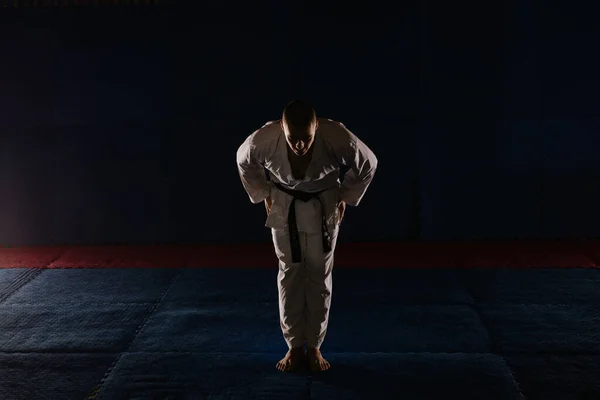 Genç Karateci Çocuk Ayakta Dururken Karate Stüdyosunda Eğiliyor — Stok fotoğraf