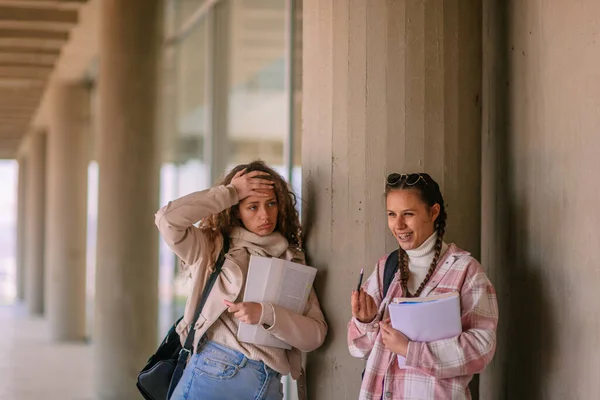Curly Haired Girl Failed Easiest Exam School Her Brunette Friend — Stock Photo, Image