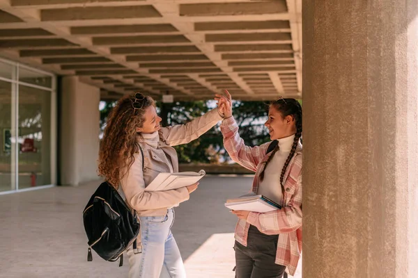 School Girls Holding Hands Having Fun Conversation Smiling — Stock Photo, Image