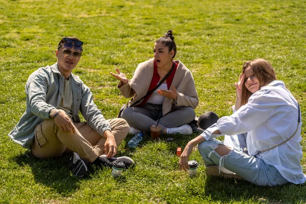 Carefree Friends Talking Park Young Man Women Sitting Green Lawn — Stock fotografie