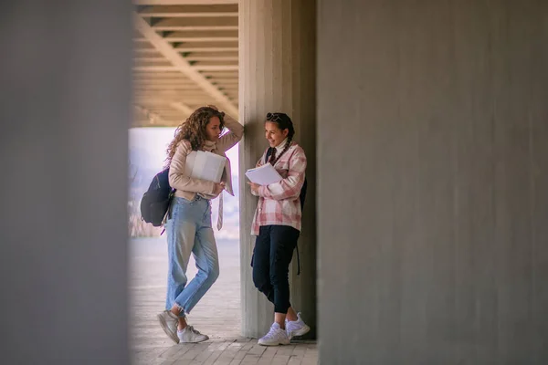 Mädchen Auf Dem Schulhof Brünettes Mädchen Erklärt Etwas Und Lacht — Stockfoto
