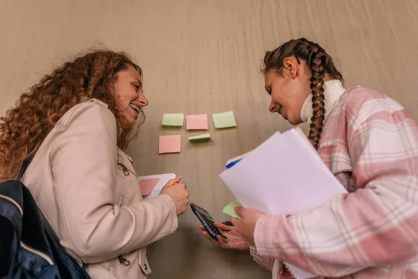 Cute School Girls Doing Homework Having Fun Conversation Writing Sticky — Stock Photo, Image