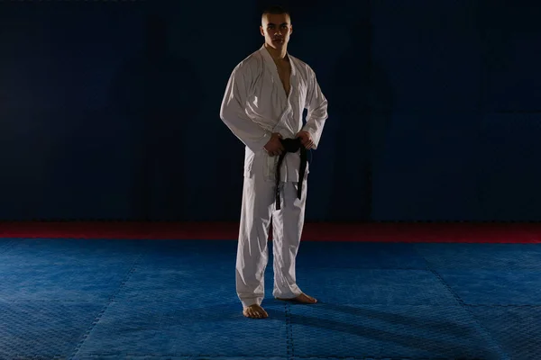 Jóképű Karatista Fekete Övvel Pózol Miközben Karate Stúdióban Áll — Stock Fotó