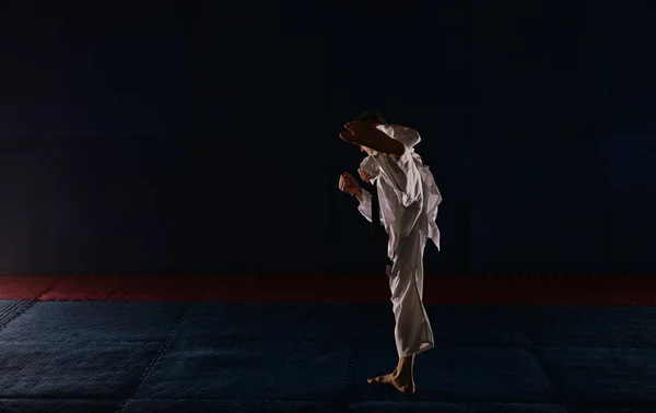 Sylwetka Młodego Karatyka Wykonującego Mawashi Geri Studiu Karate — Zdjęcie stockowe
