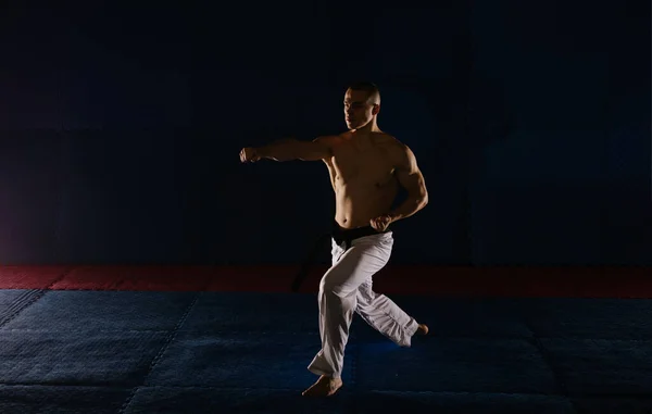 Jonge Goed Uitziende Man Doet Gyaku Tsuki Pose Karate Studio — Stockfoto