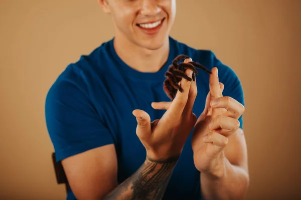Close Man Smiling Playing His Tarantula Studio — Stock Photo, Image