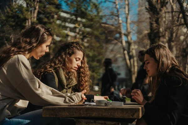 三个女孩坐在公园里 两个黑发女孩帮助她们的卷发高中朋友做作业 — 图库照片