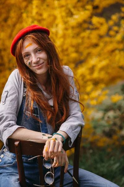 Close Beautiful Ginger Girl Smiling Paint Her Face Sitting Park — Stock Photo, Image