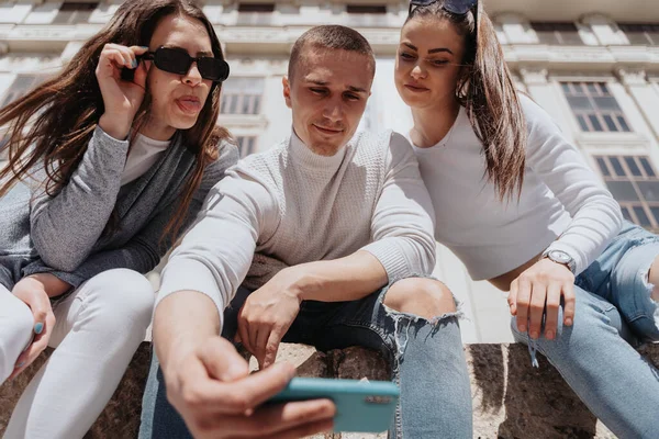 Close Three Best Friends Taking Selfie While Sitting — Stock Photo, Image