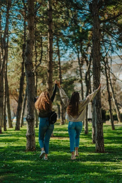 公園を歩いている間に両手を上げてジャンプする2人の女の子のバックビューショット — ストック写真