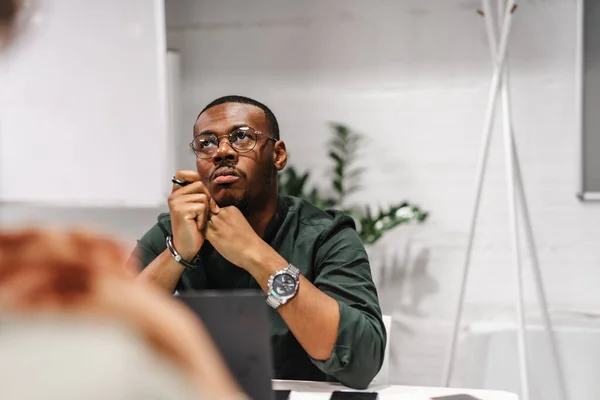 African American Male Sitting Office Thinking — Stock Photo, Image