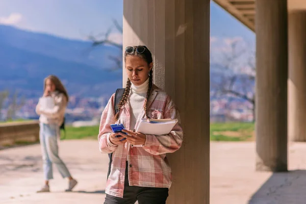 学校の庭の柱にもたれている間 彼女の宿題のために計算機を使用しているブルネットの女子高生 彼女の友人は後ろに電話してる — ストック写真