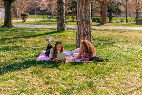 在一个美丽的春日里 两个女学生一起学习 在户外笑着 — 图库照片