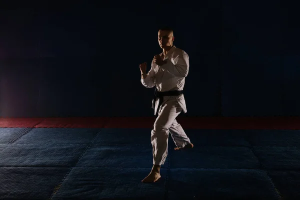 Silhouette Egy Fiatalember Csinál Uchi Uke Karate Stúdióban — Stock Fotó