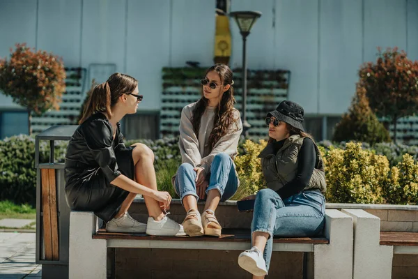 素敵な晴れた日に ベンチに座って楽しい会話をしている3人の美しい女の子のフロントビューショット — ストック写真