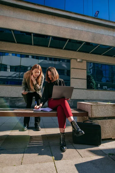 Affärskvinnor Som Arbetar Laptop Och Surfplatta Distans Skriver Anteckningar Anteckningsbok — Stockfoto