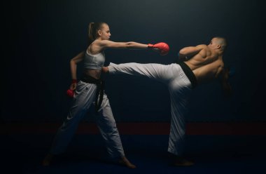 Young karate couple doing the Ushiro Kakato practice at the karate studio clipart