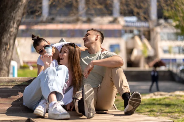 Happy Group Three Friends Laughing Talking Street — Stock Photo, Image