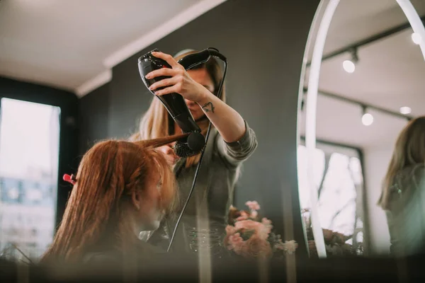 Close Hairdresser Blow Drying Her Clients Bangs While Standing Studio — Stock Photo, Image