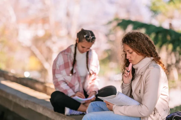 Heerlijk Krullend Schoolmeisje Dat Het Boek Leest Probeert Uit Zoeken — Stockfoto