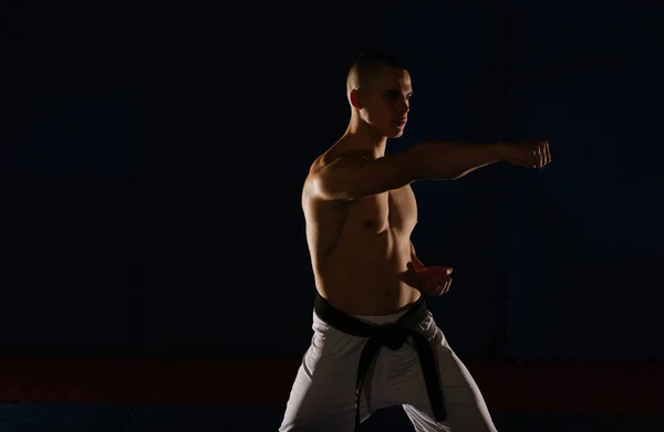 Nahaufnahme Einer Silhouette Eines Hübschen Jungen Mannes Der Karate Studio — Stockfoto