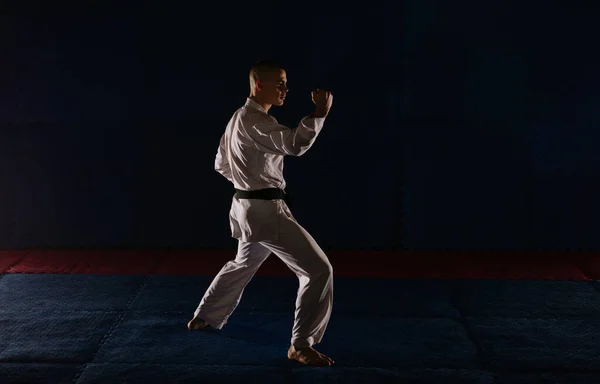 Silhuett Tonåring Pojke Gör Uchi Uke Pose Karate Studio — Stockfoto