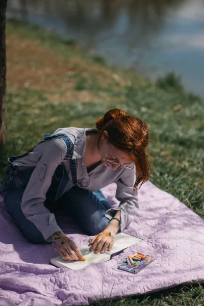 Beautiful Ginger Girl Bun Drawing Pastels Sketch Book While Sitting — Stock Photo, Image
