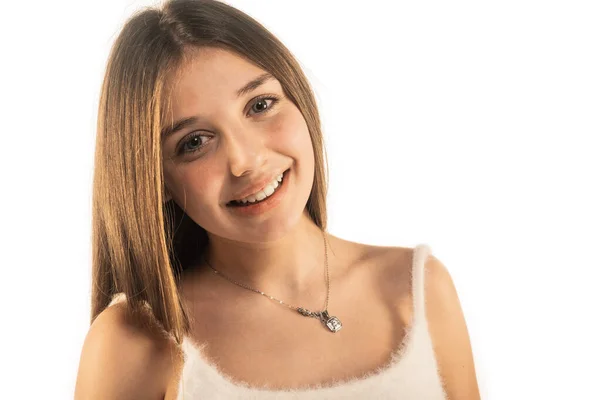 Smiley Impresionante Adolescente Femenino Con Top Lanudo Collar Aislado Sobre — Foto de Stock