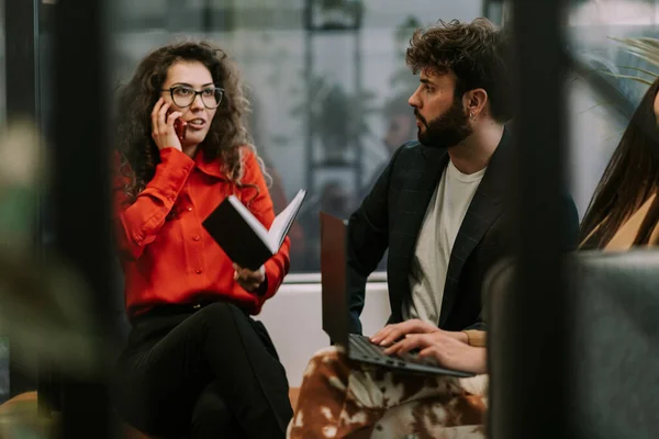Handsome Male Person Looking His Curly Haired Girlfriend Talking Her — Stock Photo, Image
